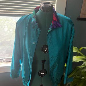 Vintage 80s Bold Multicolored Reversible Teal + Tropical Floral Windbreaker L-XL